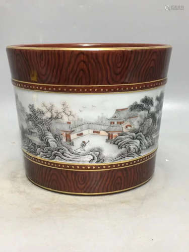 A LANDSCAPE PATTERN FAMILLE ROSE BRUSH POT