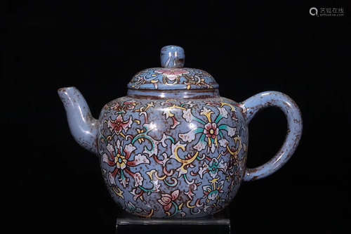 A YIXING PURPLE CLAY ENAMEL TEAPOT