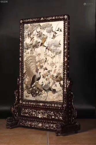 17-19TH CENTURY, A FLORAL&BIRD PATTERN YUE EMBROIDERY TABLE SCREEN, QING DYNASTY