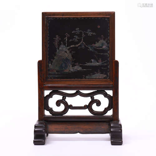 CHINESE LACQUER PLAQUE ROSEWOOD TABLE SCREEN