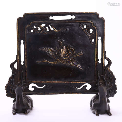 CHINESE BRONZE MAN AND CRANE TABLE SCREEN