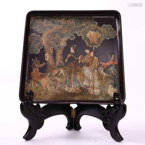 CHINESE NANMU PAINTED BEAUTIES IN GARDEN SQUARE TRAY