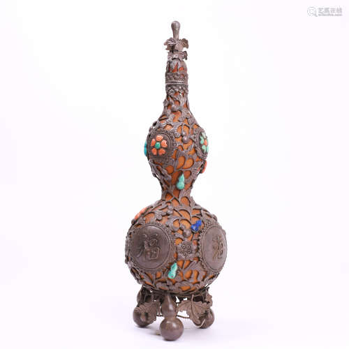CHINESE GEM STONE INLAID METAL DECORATED  GOURD