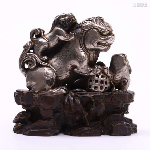 CHINESE SILVER LION FAMILY ON ROSEWOOD STAND