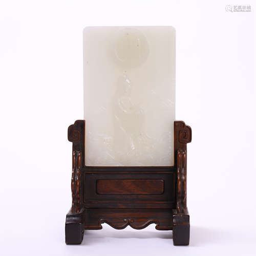 CHINESE WHITE JADE PLAQUE ROSEWOOD TABLE SCREEN