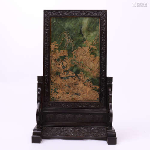 CHINESE SPINACH JADE PLAQUE ROSEWOOD TABLE SCREEN