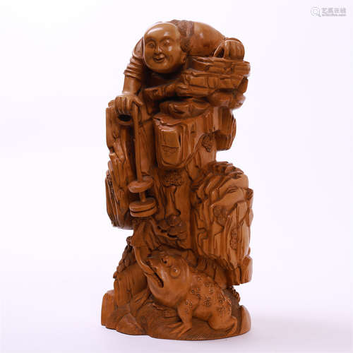 CHINESE BOXWOOD CARVED BOY AND TOAD TABLE ITEM