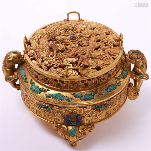 CHINESE GILT BRONZE ENAMEL DRAGON LIDDED ROUND CENSER