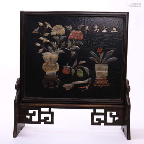 CHINESE GEM STONE INLAID LACQUER PLAQUE ROSEWOOD TABLE SCREEN