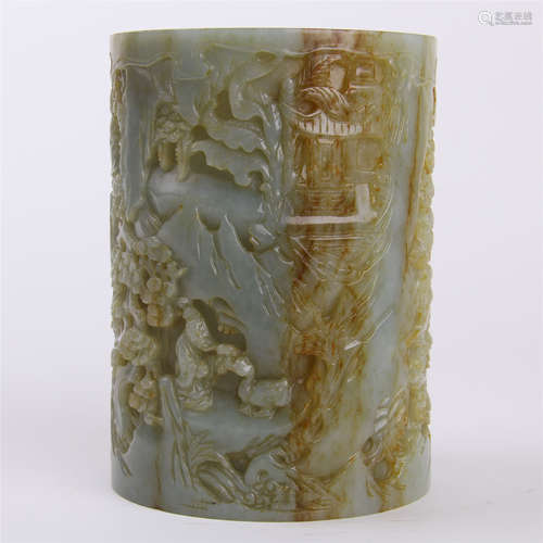 CHINESE JADE CARVED MAN IN MOUNTAIN BRUSH POT