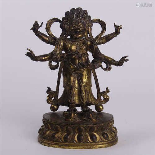 CHINESE GILT BRONZE SIX ARMS SEATED BUDDHA