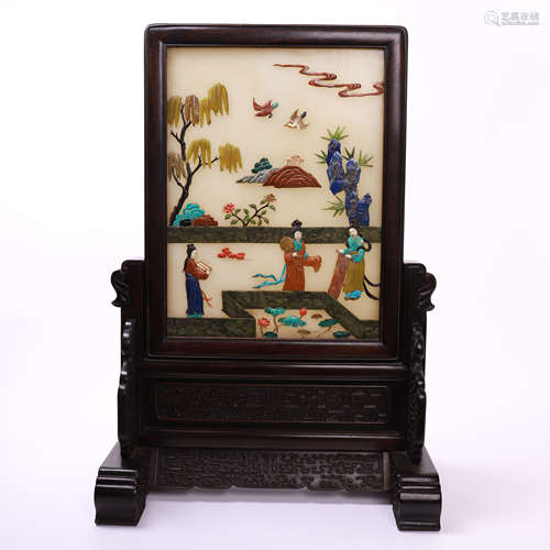 CHINESE GEM STONE INLAID JADE PLAQUE ROSEWOOD TABLE SCREEN