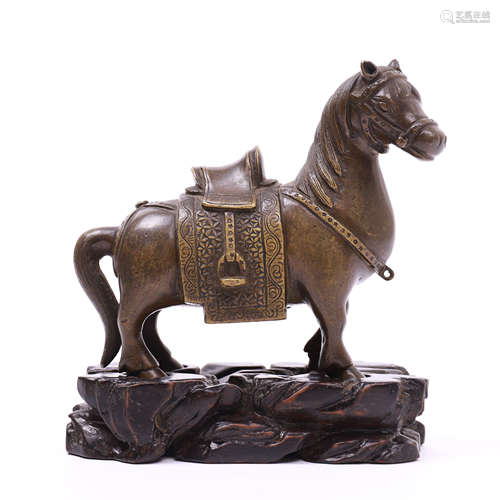 CHINESE BRONZE HORSE ON ROSEWOOD STAND