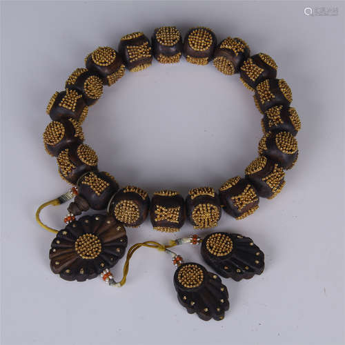 CHINESE GILT BRONZE BEAD INLAID AGALWOOD BRACELET