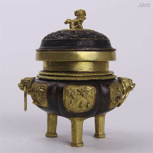 CHINESE PARTLEY GILT BRONZE LIDDED TRIPLE FEET CENSER