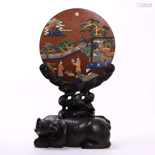 CHINESE GEM STONE INLAID ROUND PLAQUE ROSEWOOD TABLE SCREEN