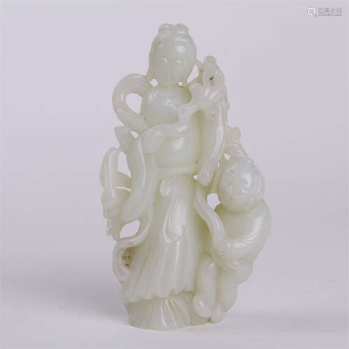 CHINESE WHITE JADE STANDING GUANYIN WITH BOY