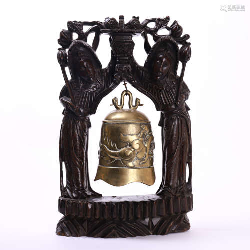 CHINESE GILT BRONZE BELL WITH ROSEWOOD FRAME