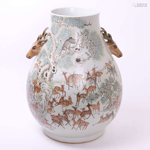 LARGE CHINESE PORCELAIN FAMILLE ROSE HUNDRED DEER ZUN