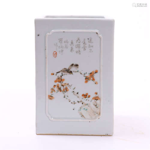 CHINESE PORCELAIN FAMILLE ROSE BIRD AND FLOWER SQUARE BRUSH POT