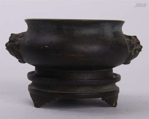 CHINESE BRONZE ROUND CENSER WITH BASE