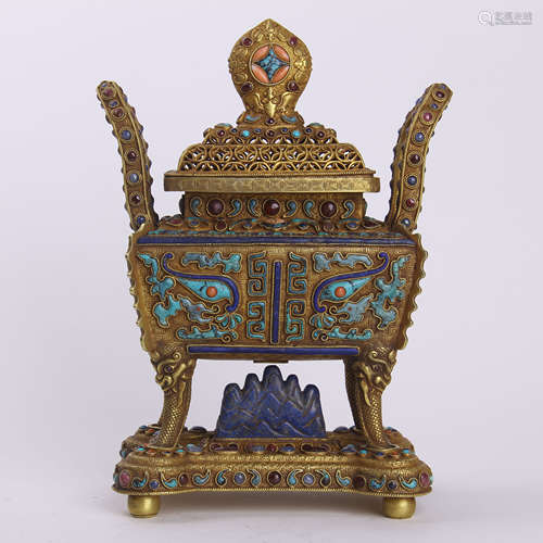 CHINESE GEM STONE INLAID GILT BRONZE ENAMLE SQUARE CENSER