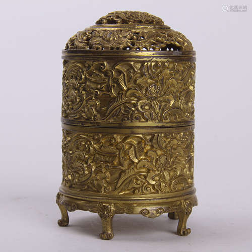 CHINESE GILT BRONZE CYLINDERIAL INSENCE CAGE