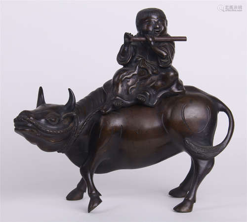 CHINESE BRONZE BOY ON OX INSENCE CAGE