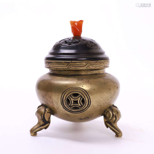 CHINESE BRONZE TRIPLE FEET CENSER WITH AGATE KNOT ROSEWOOD LID