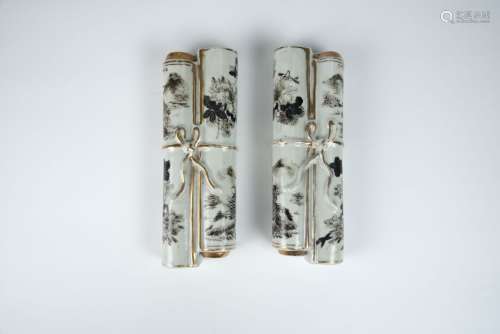 Republic Period, A Pair of Landscape Floral Wall-Hung Vase