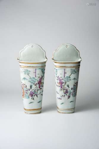 Guangxu, A Pair of Famille-Rose Figure Wall-Hung Vase