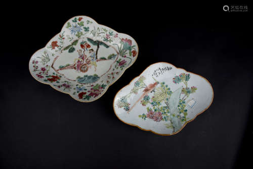 Qing, Two Famille-rose Figures and Flowers Stem Plate