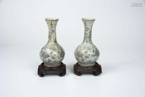 Ming, A Small Pair of Blue and White Floral- Scrolls Vase