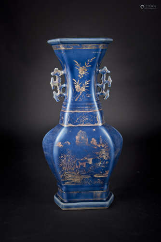 Qianlong, Blue-glazed  with Gilt Landscape Bamboo Vase