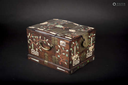 Qing,Jadeite, Coral, Ivory And Bone Inlaid Wood Dressing Box/Case