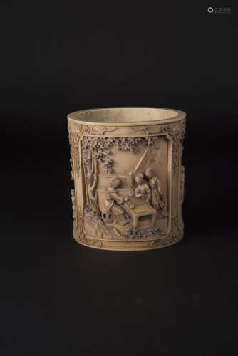 Republic Period, Ivory Brushpot Carved with Ladies