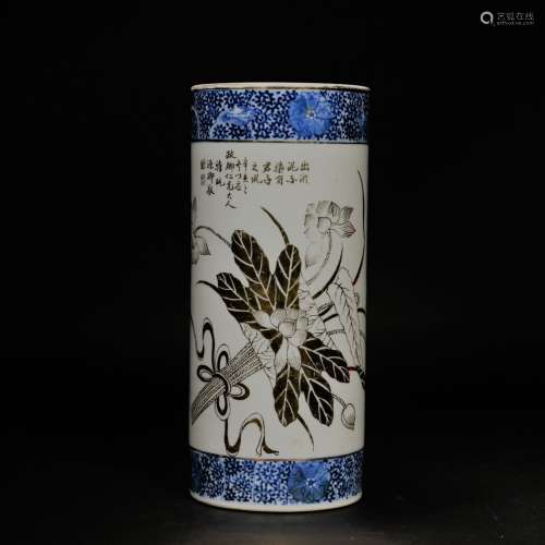 A blue and white gilt-lotus brush pot,Late Qing dynasty