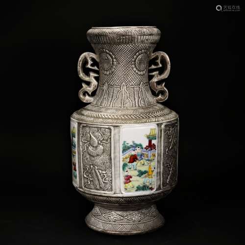 A silver ground famille-glazed porcelain vase