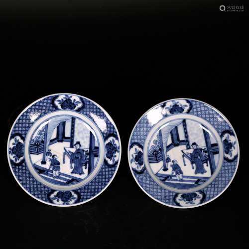 A Pair of Blue and White Antique Plates, Ming Dynasty