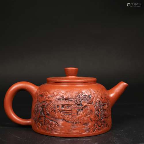 A Chinese Yixing Teapot Carved With Landscape View