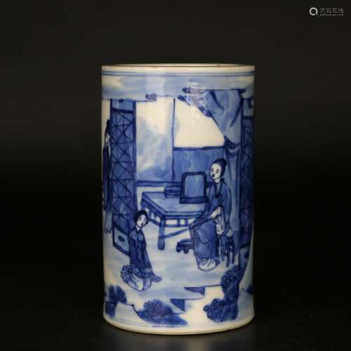 A Blue and White Porcelain Brushpot, Kangxi Mark