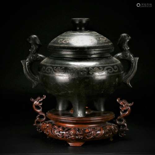 A Rare Silver and Gold -Inlaid Bronze Censer, Ming
