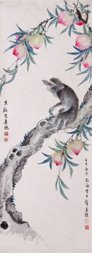 CHINESE SCROLL PAINTING OF MONKEY AND PEACH