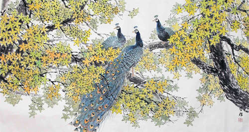 CHINESE SCROLL PAINTING OF PEACOCK