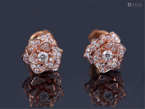 PIAGET STYLE 18K ROSE GOLD DIAMOND ROSE EARRINGS
