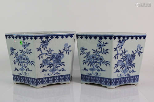 Pair of blue and white planters