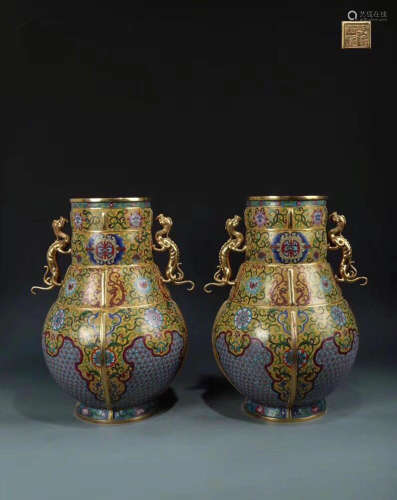 Pair Of Chinese Bronze Enamel Squat Vase