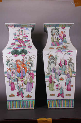 Large Pair of Chinese Famille Rose Square Vases