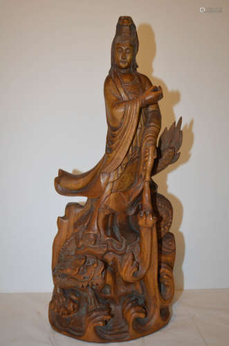 Rare chinese old boxwood Quan Yin Hard Wood Statue