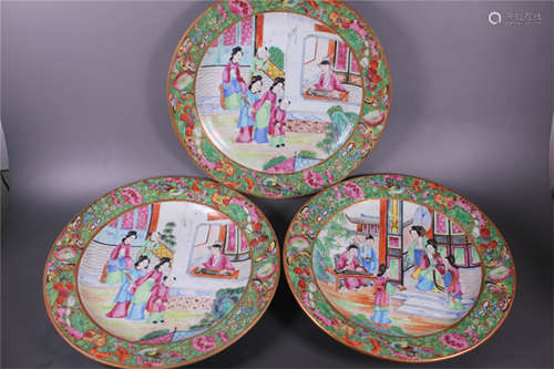 Three Chinese Export Canton Famille Rose Plates